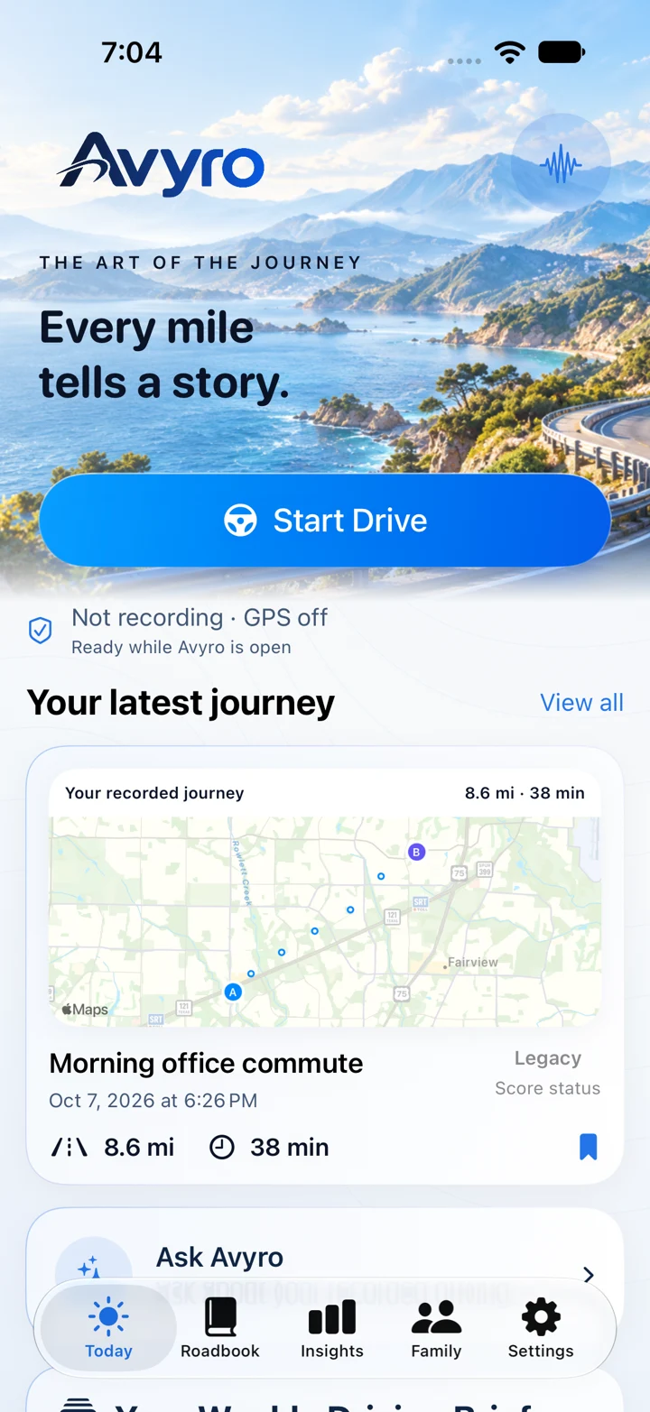Actual Avyro iOS Today screen, showing the coastal journey design and a sample trip