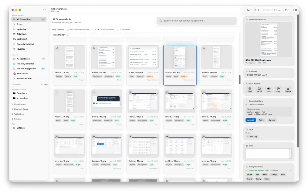 ScreenVault dashboard showing a searchable visual memory grid with screenshot details