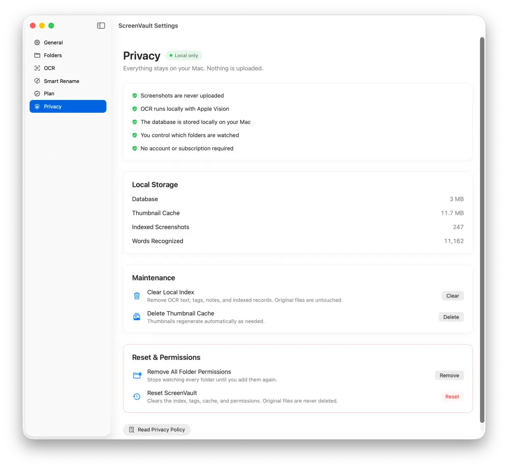 ScreenVault privacy and storage settings showing local processing, local storage, maintenance, reset, and permissions controls