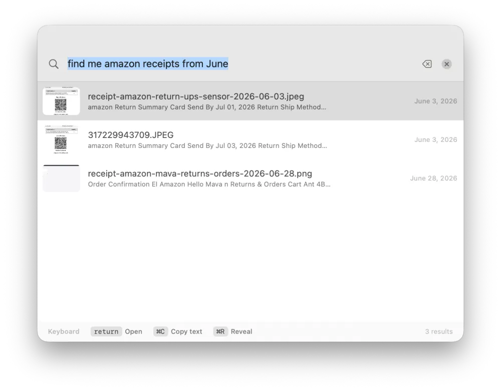 ScreenVault floating quick search palette showing receipt search results