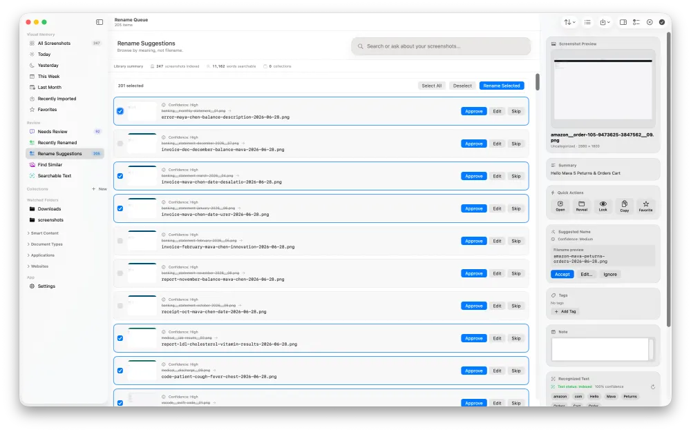 ScreenVault smart rename suggestions with selectable rows and batch review actions