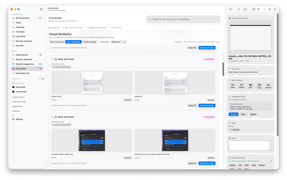 ScreenVault Find Similar view showing visually similar screenshots grouped for review