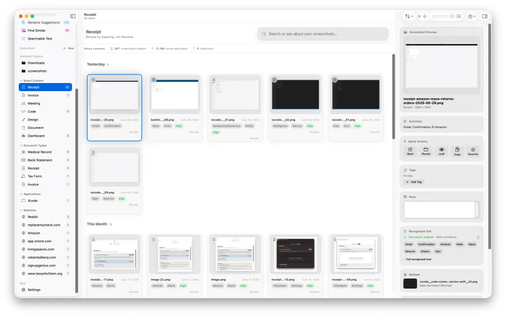 ScreenVault screenshots with text view showing OCR-searchable screenshots in a grid