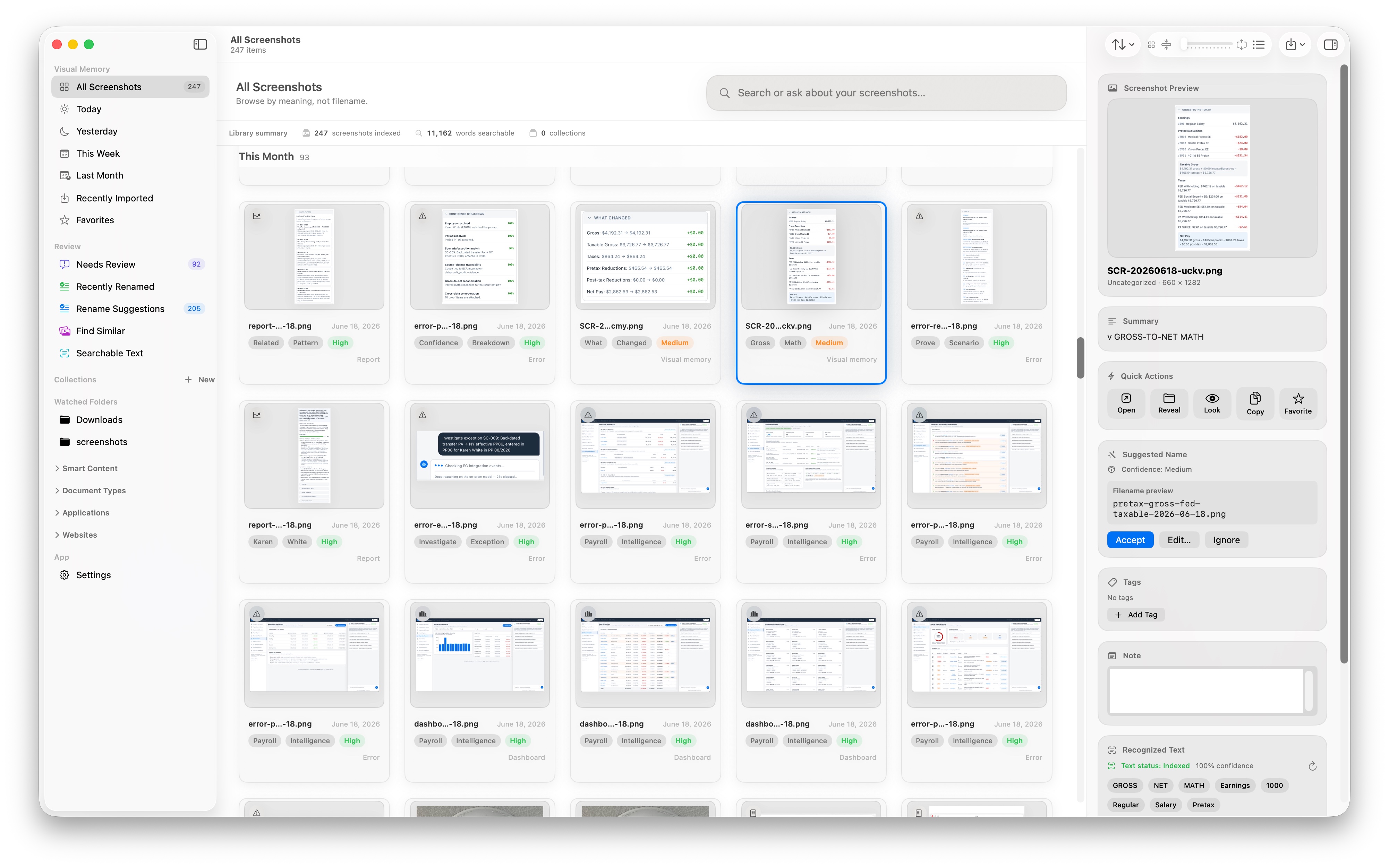 ScreenVault dashboard showing a searchable visual memory grid with screenshot details