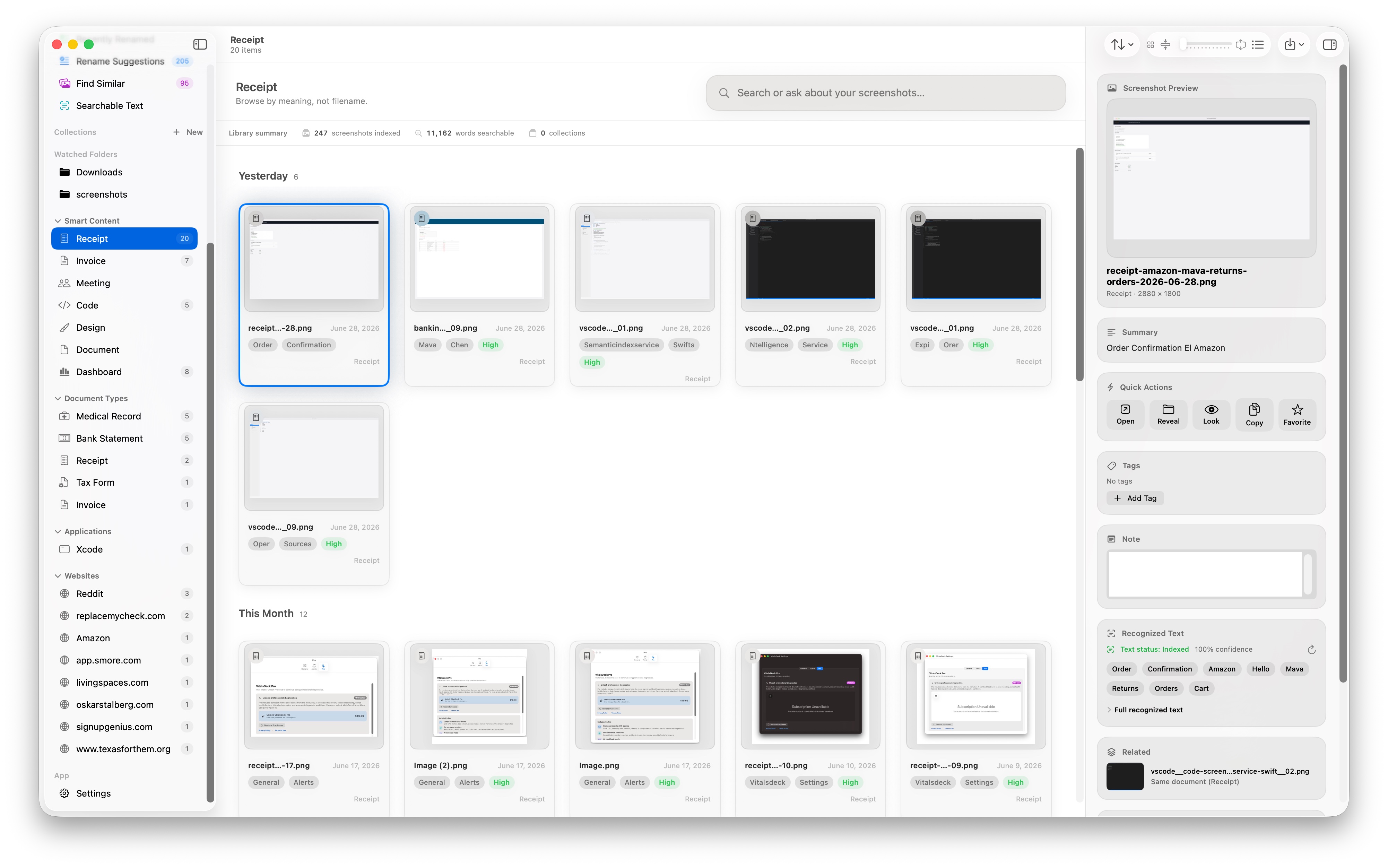 ScreenVault screenshots with text view showing OCR-searchable screenshots in a grid