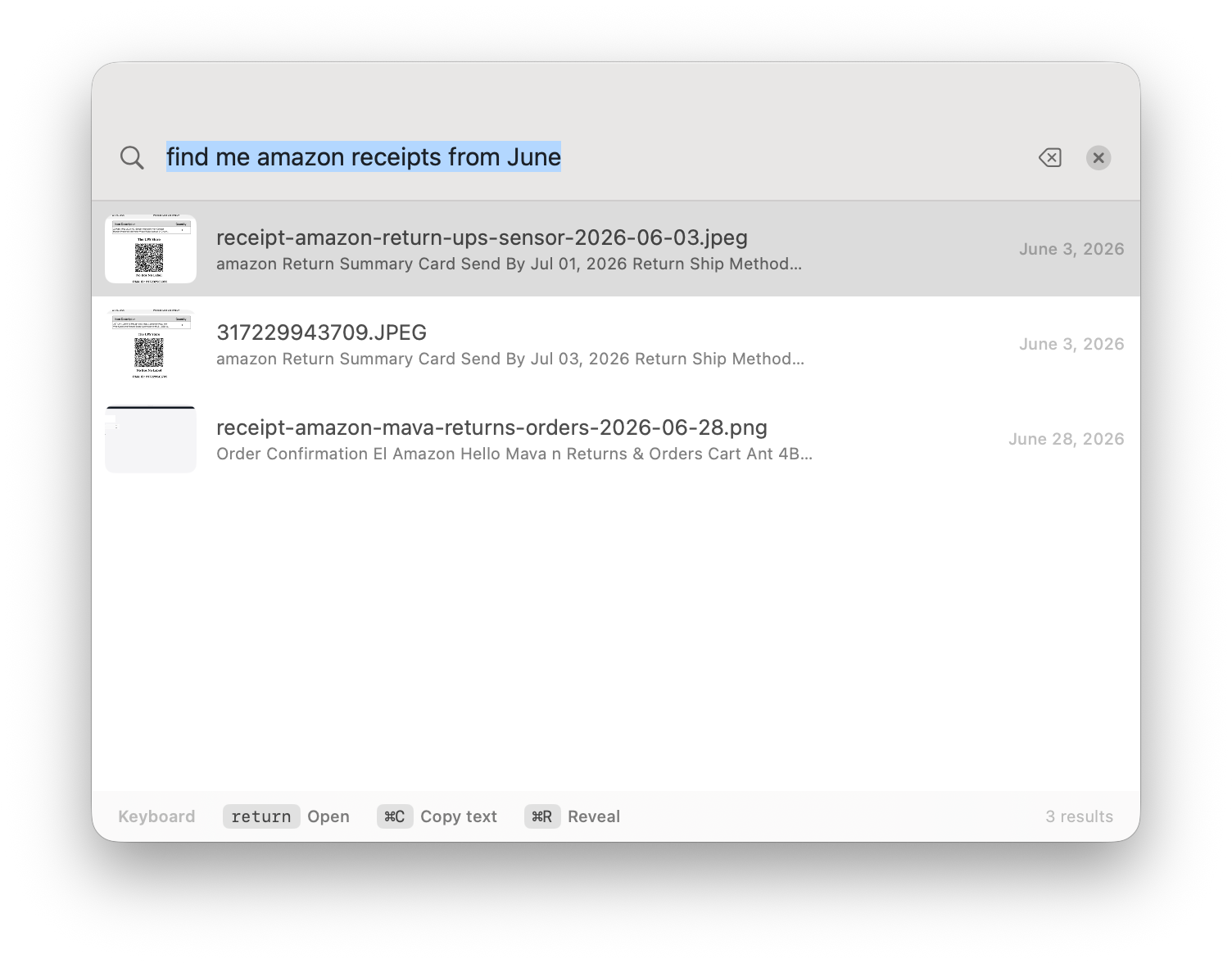 ScreenVault floating quick search palette showing receipt search results