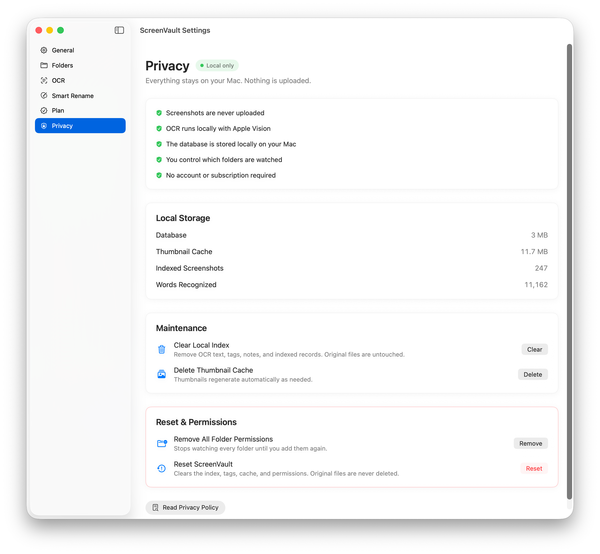 ScreenVault privacy and storage settings showing local processing, local storage, maintenance, reset, and permissions controls