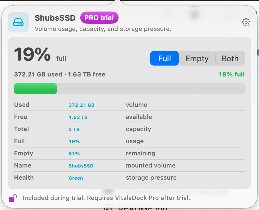 Actual VitalsDeck disk Pro popover with full and empty percentage modes