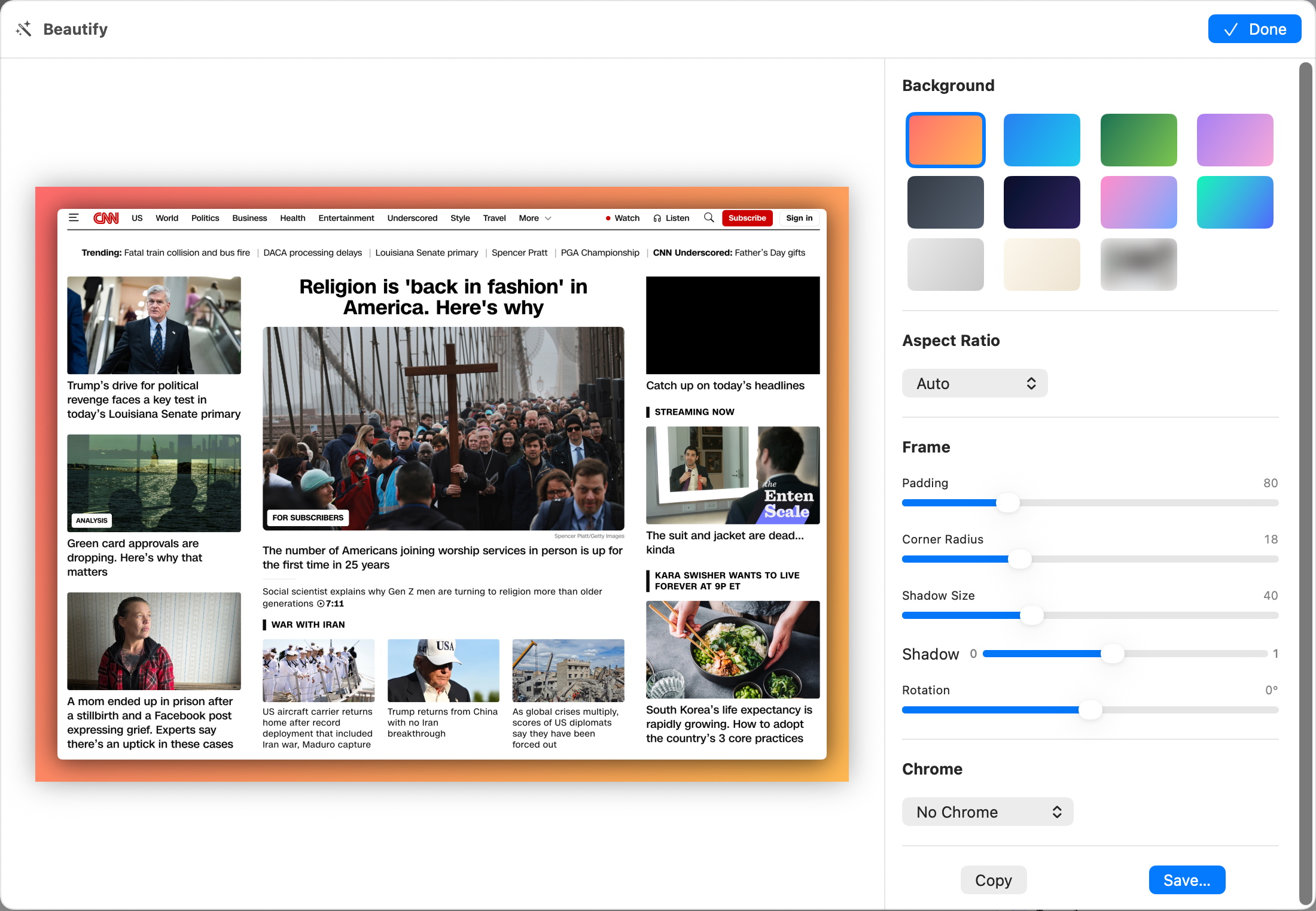 Zeryth beautify menu with background presets, aspect ratio, frame and chrome options