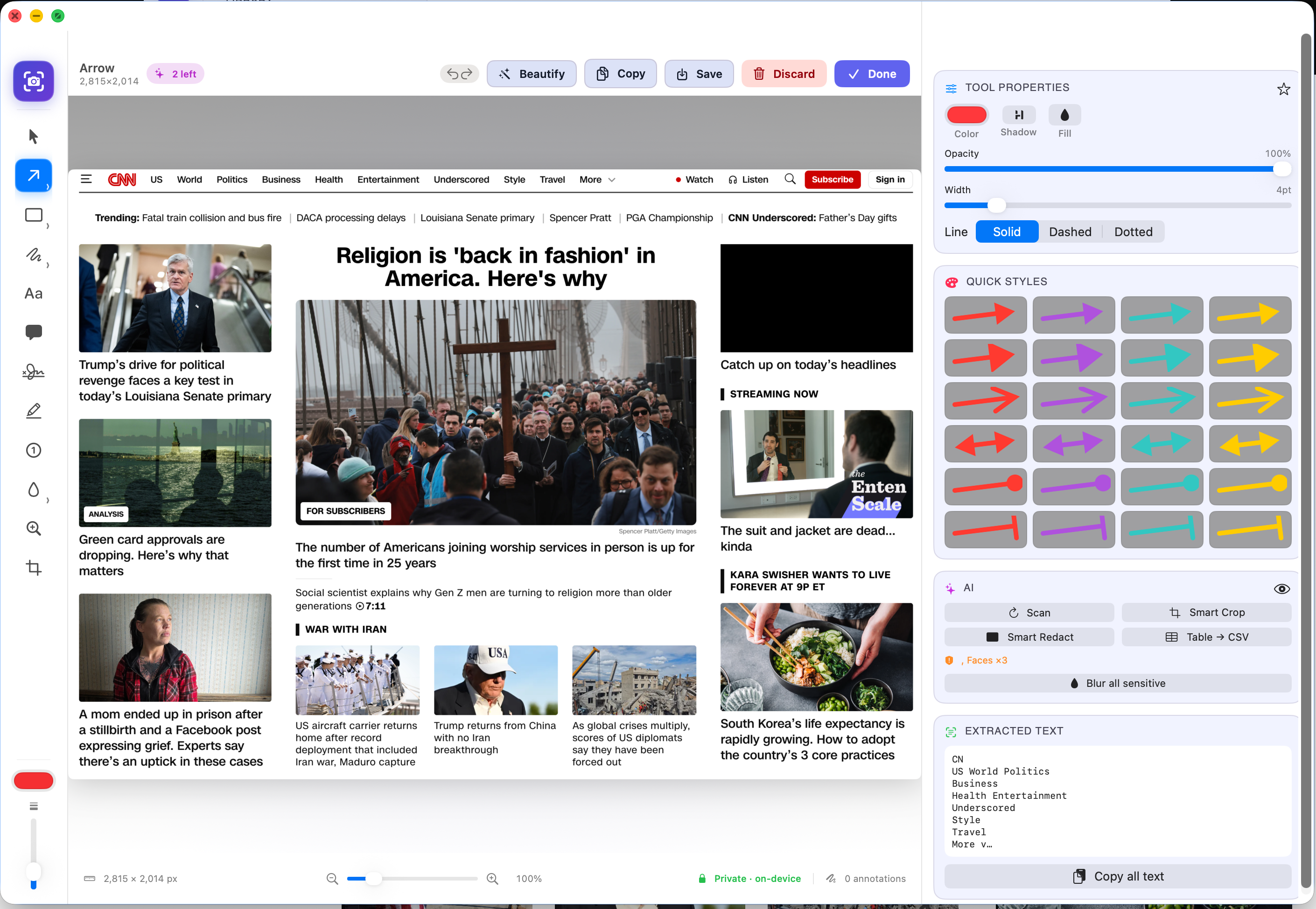 Zeryth annotation editor with tools, properties, quick styles, and the AI panel