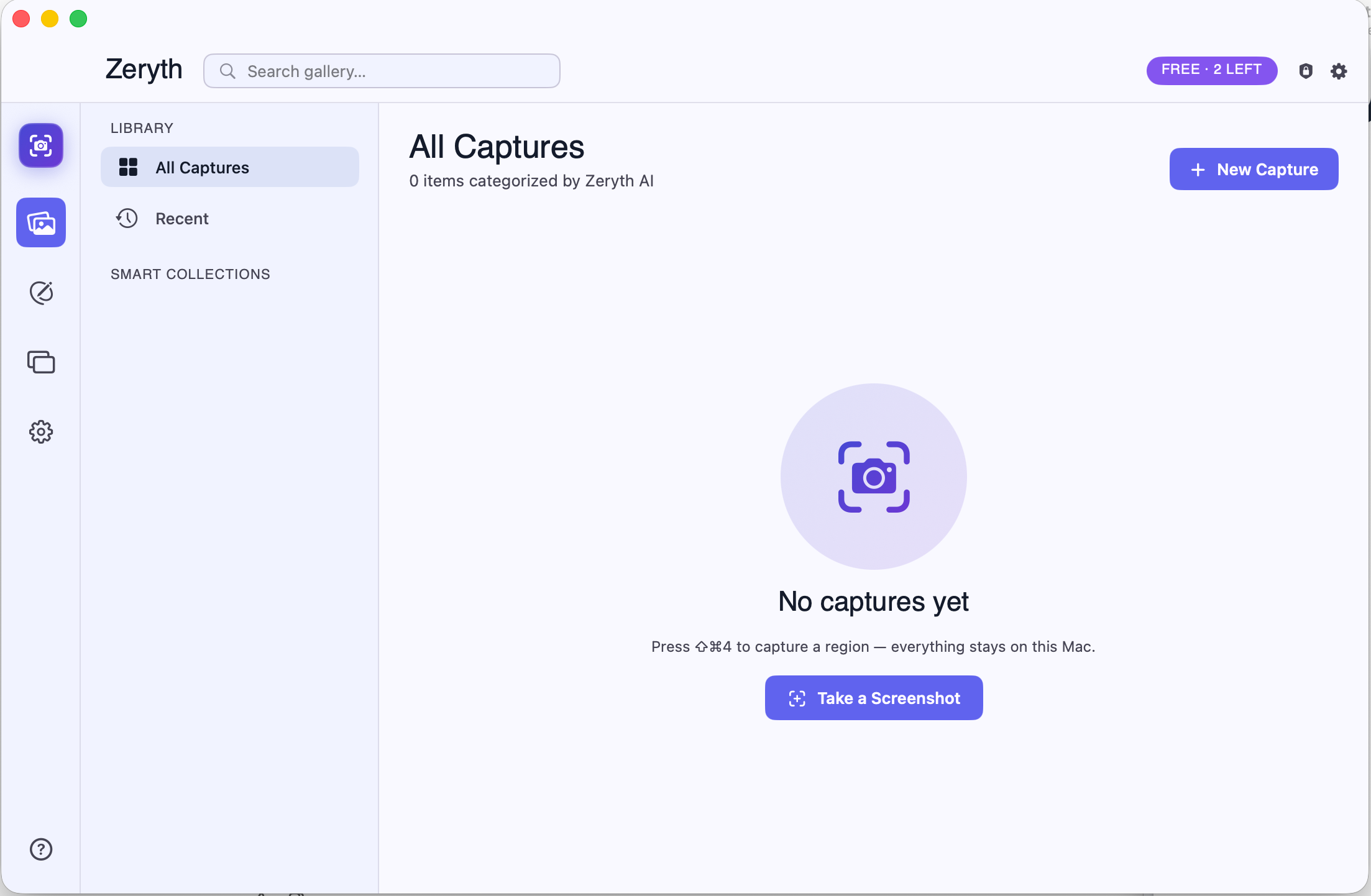 Zeryth main library window with smart collections and auto-categorized captures
