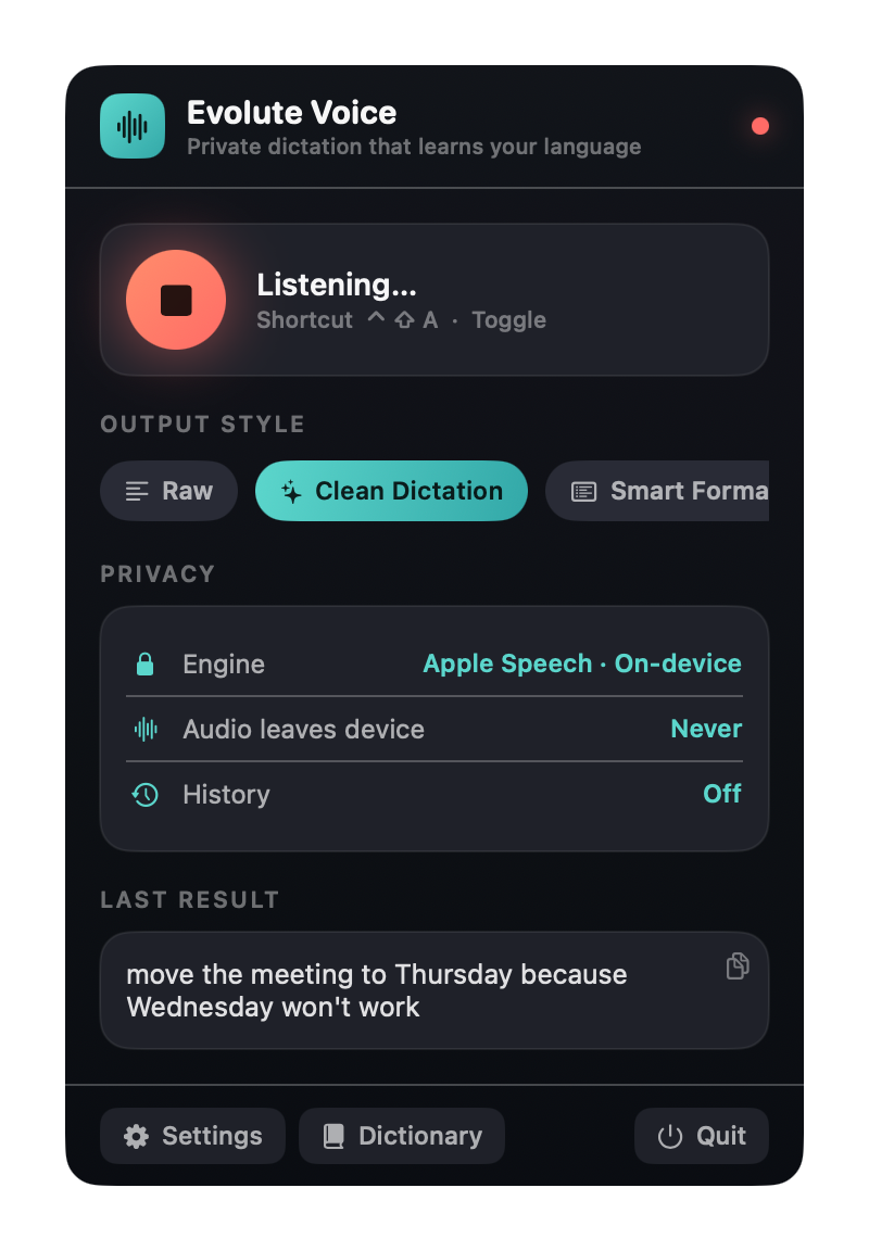 Evolute Voice menu bar panel with privacy snapshot