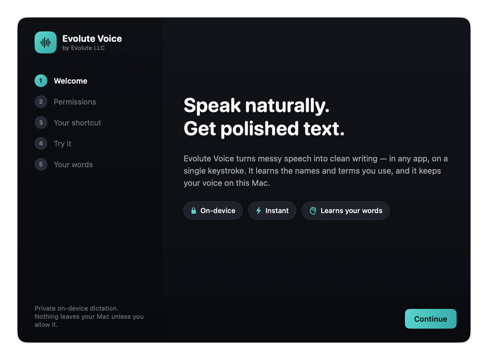 Evolute Voice onboarding — Speak naturally, get polished text