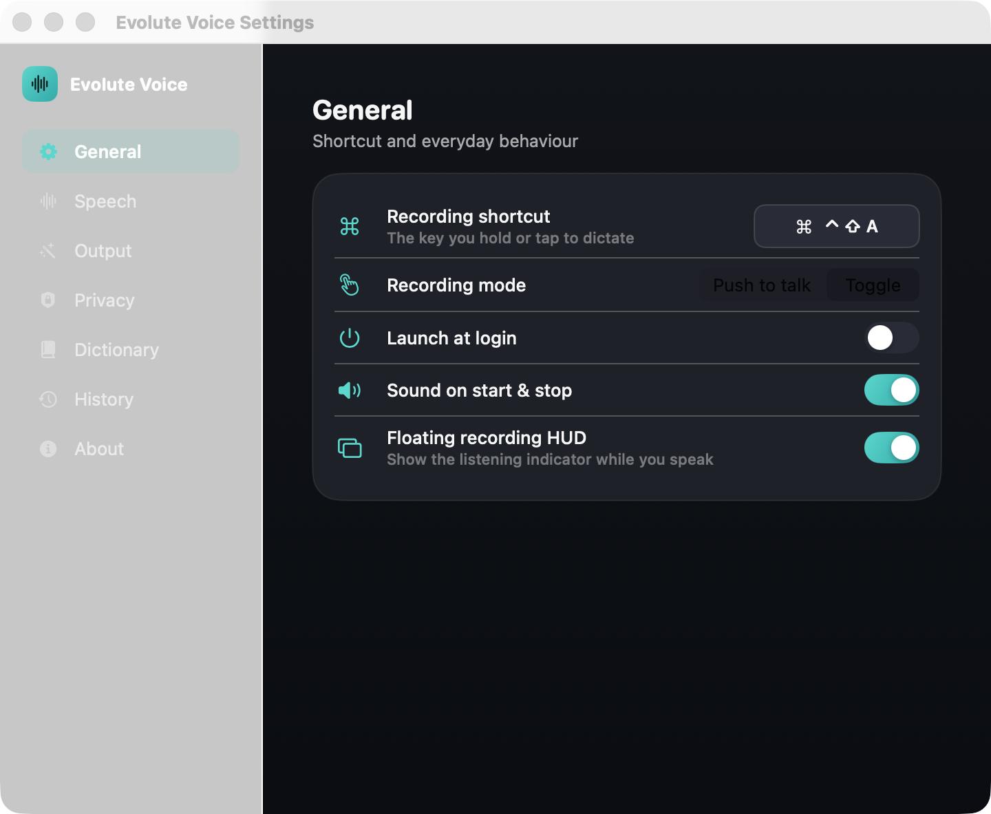 Evolute Voice settings window